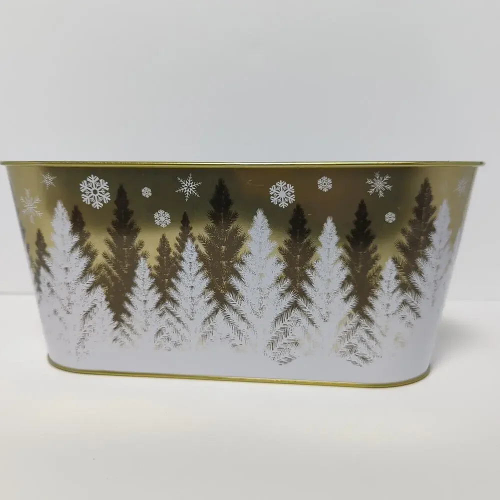 Winter Forest Oval Metal Planter, Centerpiece or Gift Basket Container